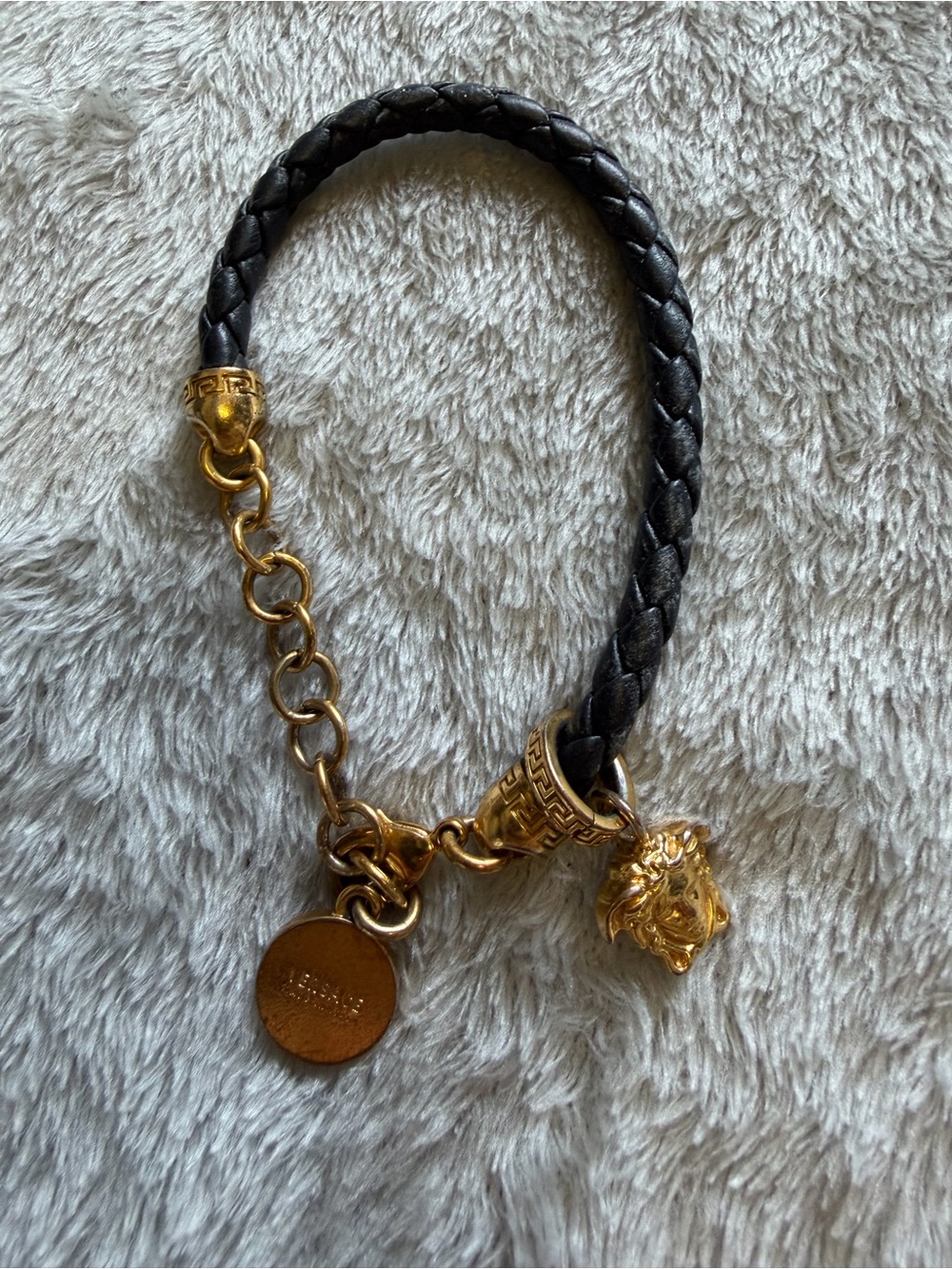 Versace Black Braided Leather Bracelet with Gold Medusa Charm